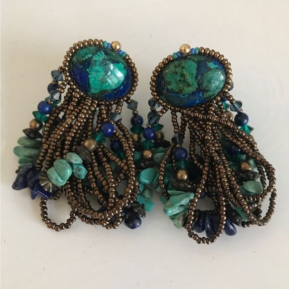 Vintage 80’s Turquoise & Blue Long Drop Clip On Earrings with Gold Tone Beads. - Picture 3 of 10